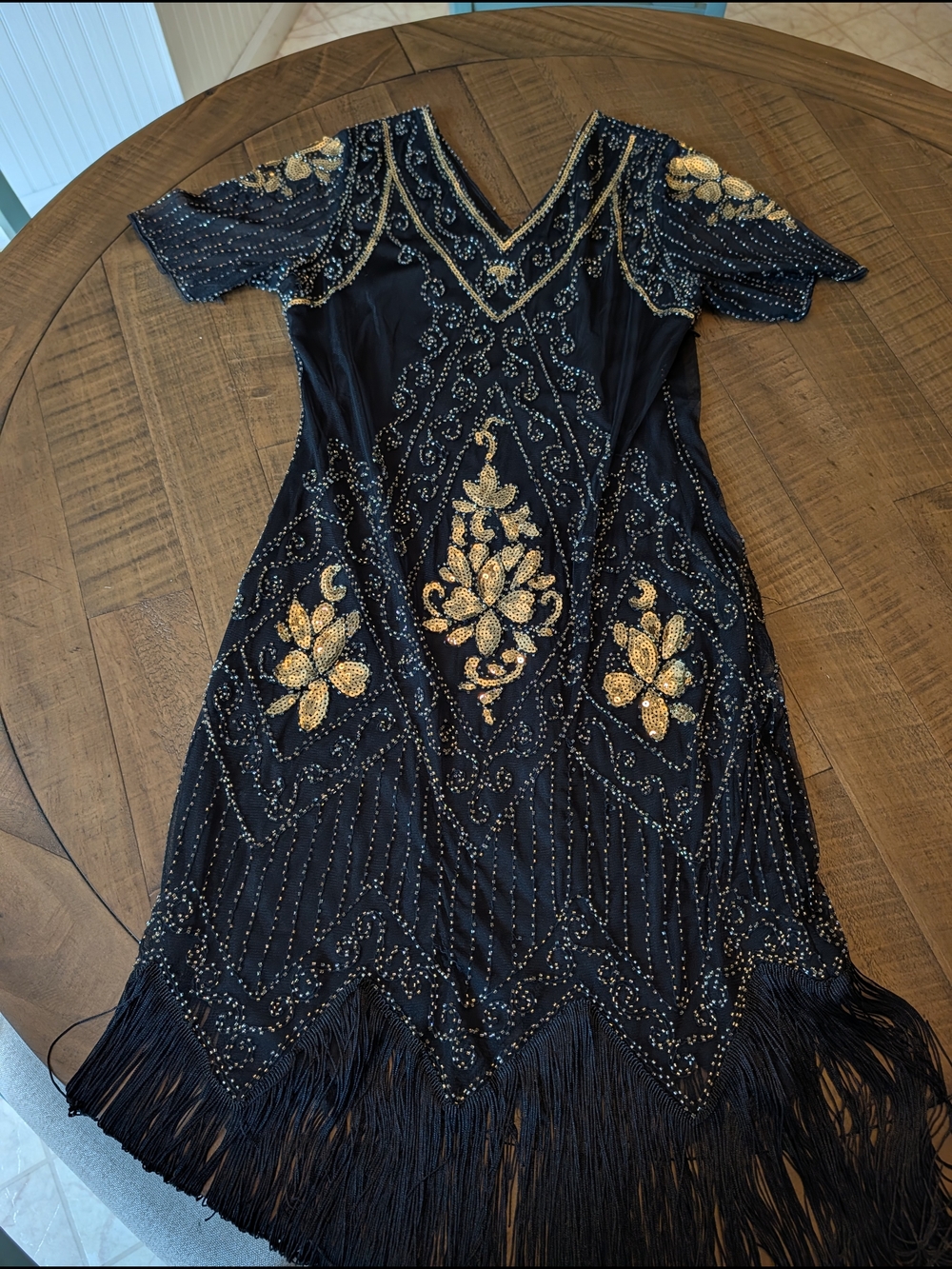 Women's Small. Black Beaded Fringe Evening Dress with Gold Embroidery